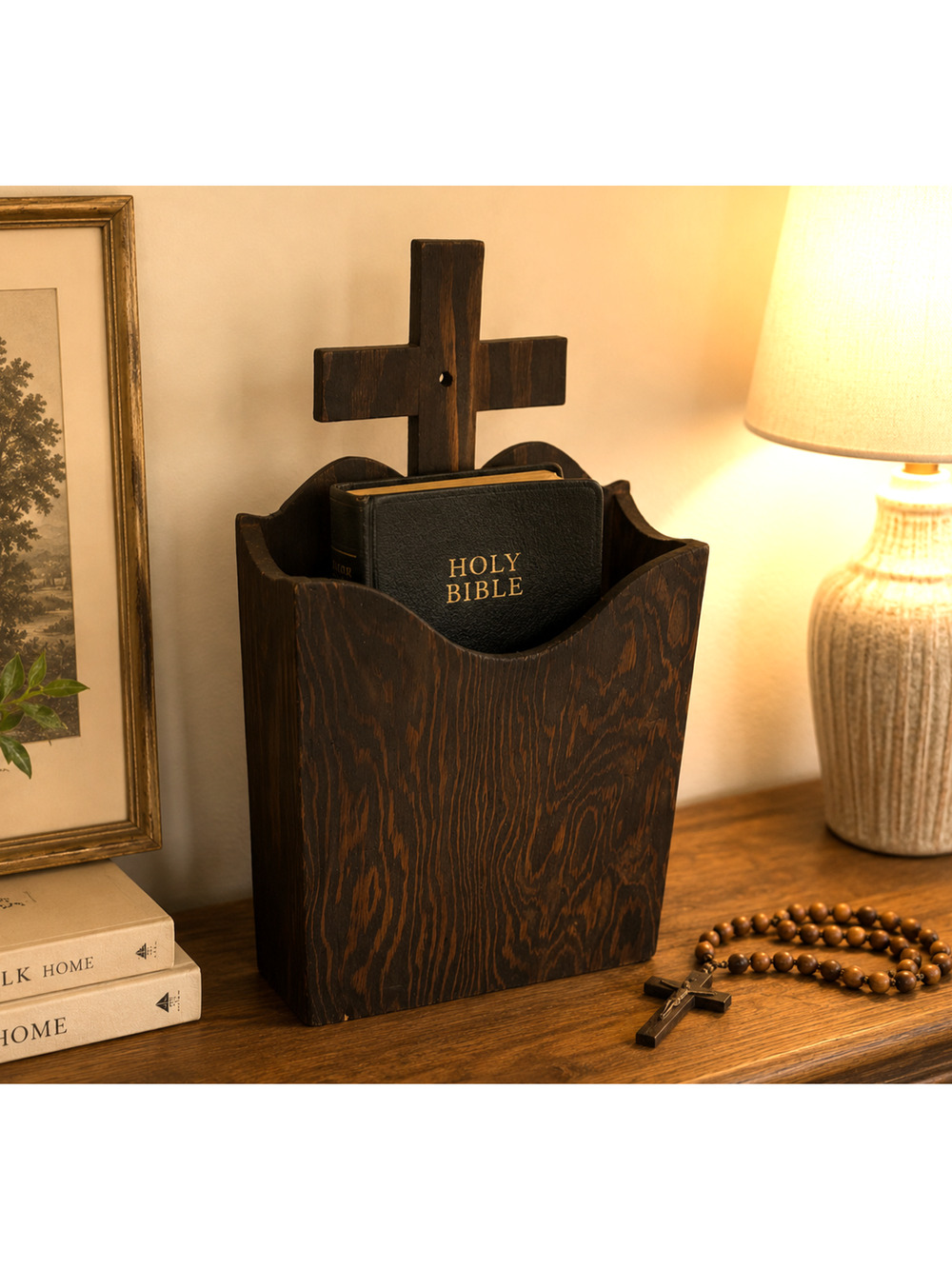 Vintage Wooden Bible Holder Wall or Free Standing Wood Cross 15.5" Tall